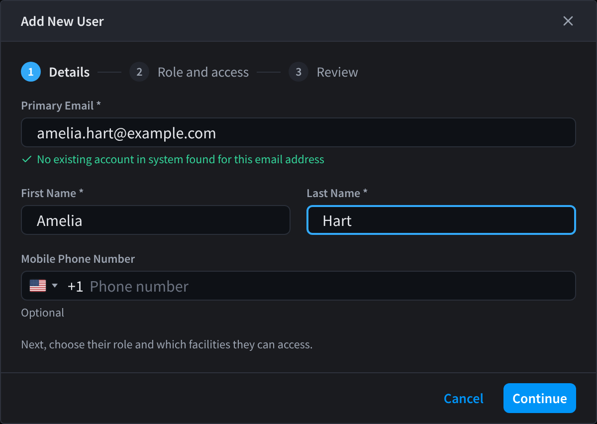 The Details step of Add New User, with a primary email address entered, no existing account found, and the first and last name filled in