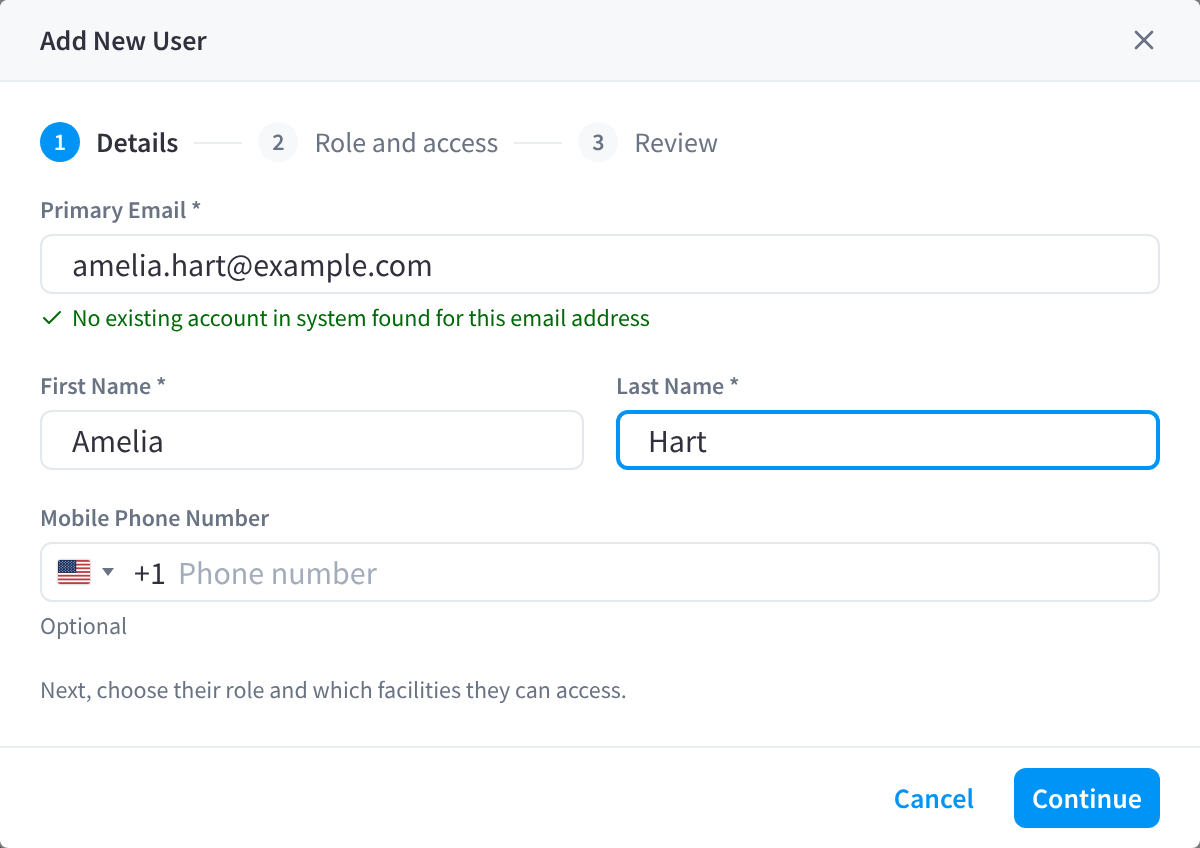 The Details step of Add New User, with a primary email address entered, no existing account found, and the first and last name filled in