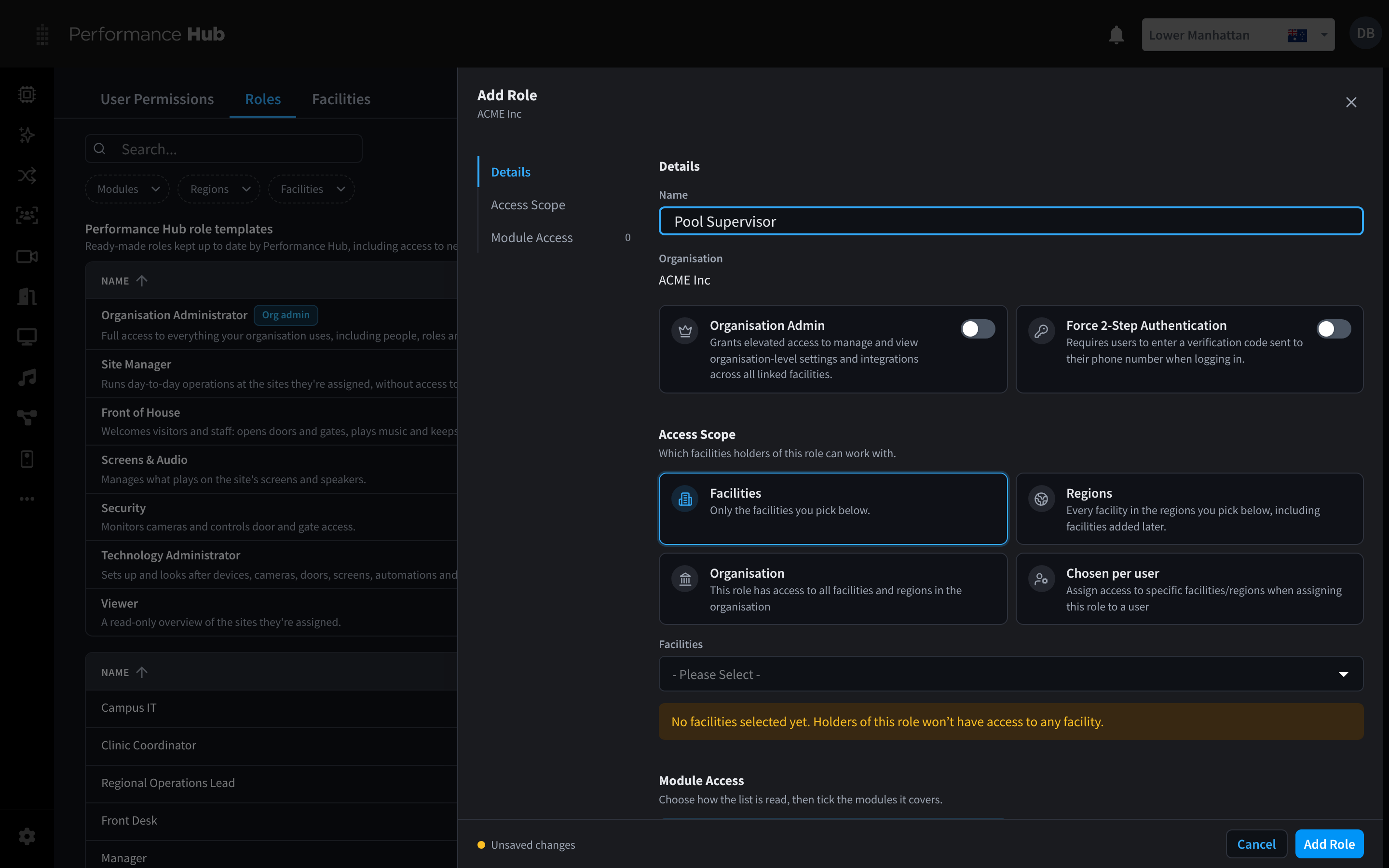 The Add Role panel, Details section, with the name Pool Supervisor and the Organisation Admin and Force 2-Step Authentication switches