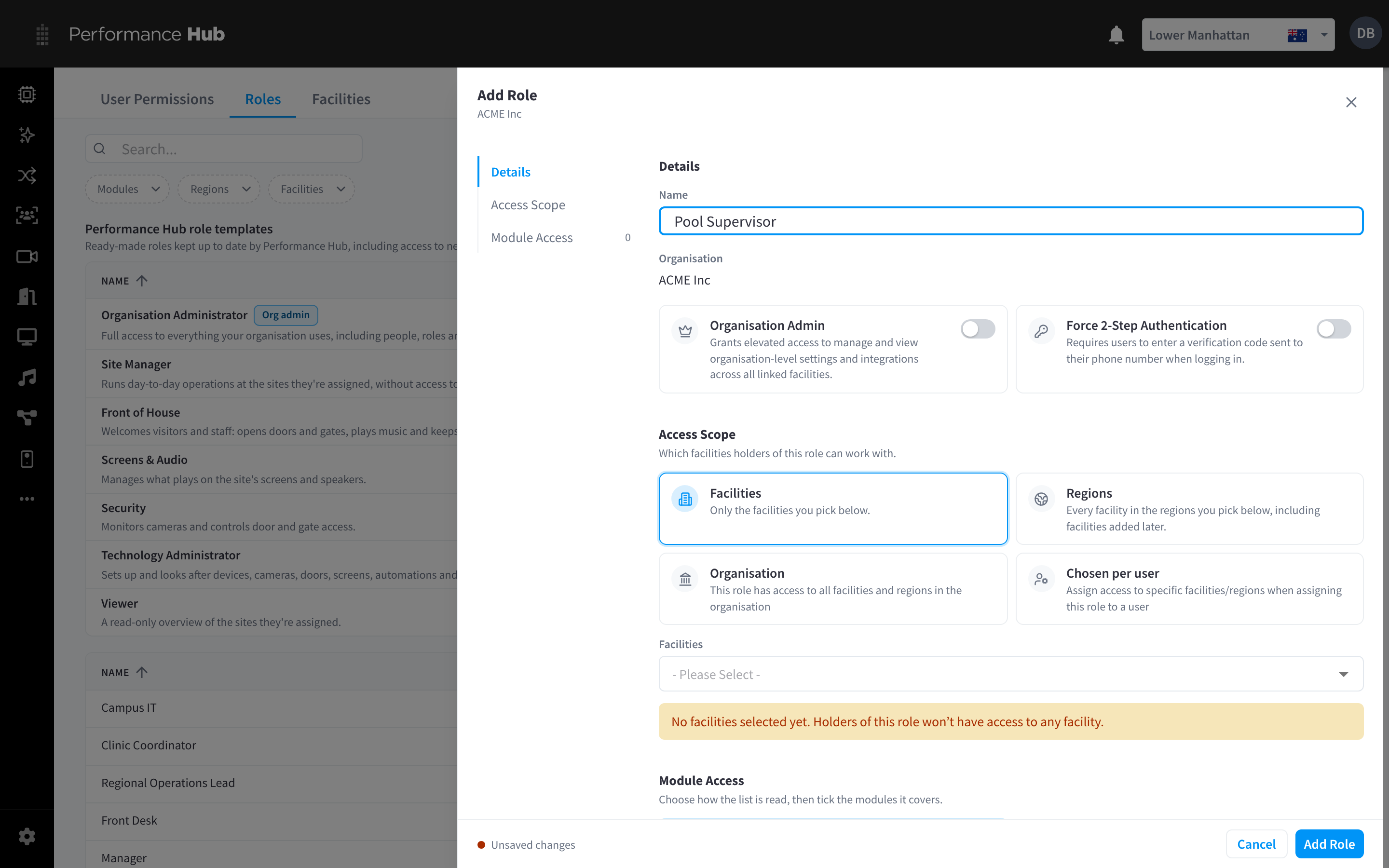The Add Role panel, Details section, with the name Pool Supervisor and the Organisation Admin and Force 2-Step Authentication switches
