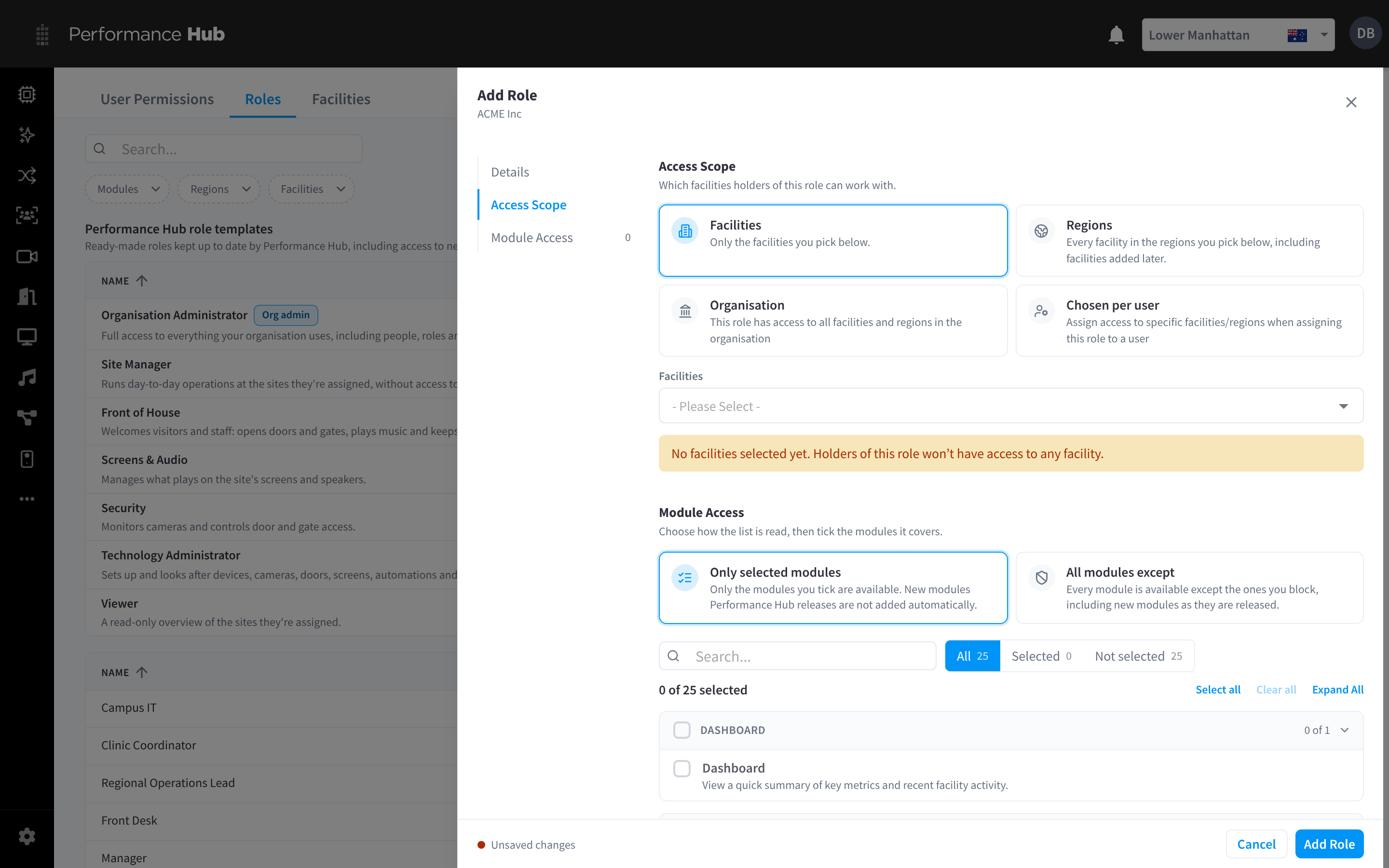 The Access Scope section of Add Role, with Facilities, Regions, Organisation and Chosen per user, and Module Access below