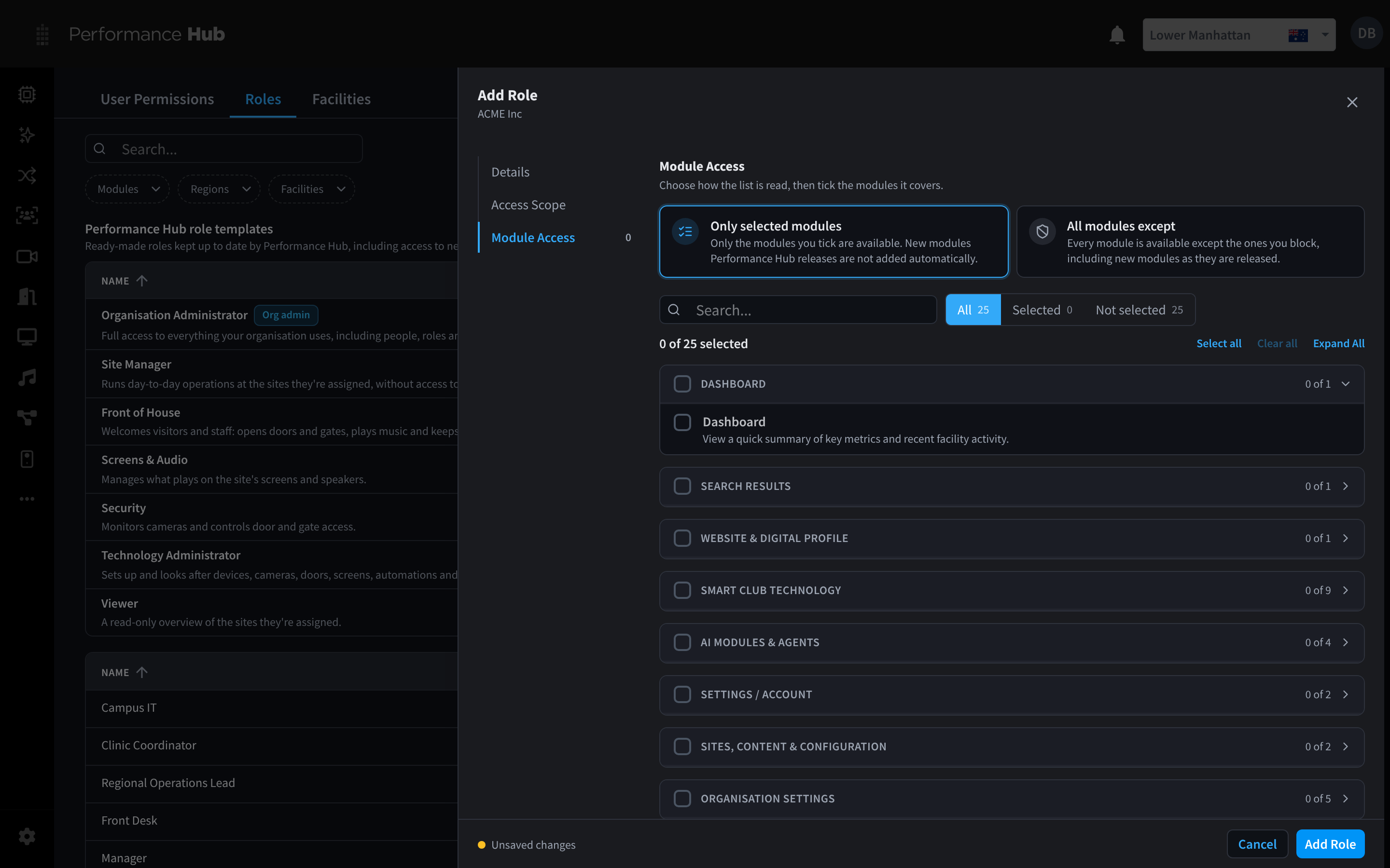 The Module Access section, with Only selected modules and All modules except, and the module list grouped by area