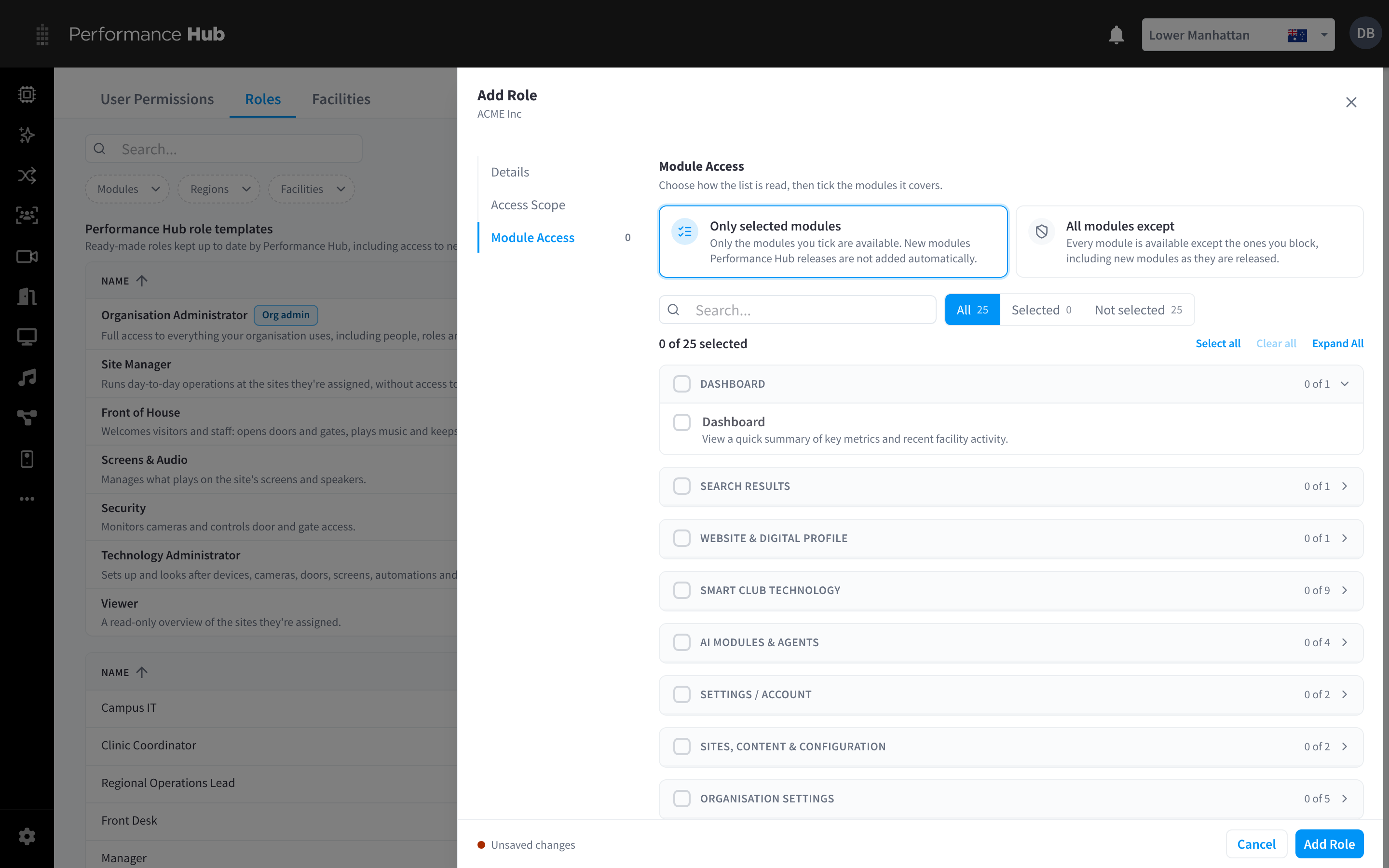 The Module Access section, with Only selected modules and All modules except, and the module list grouped by area