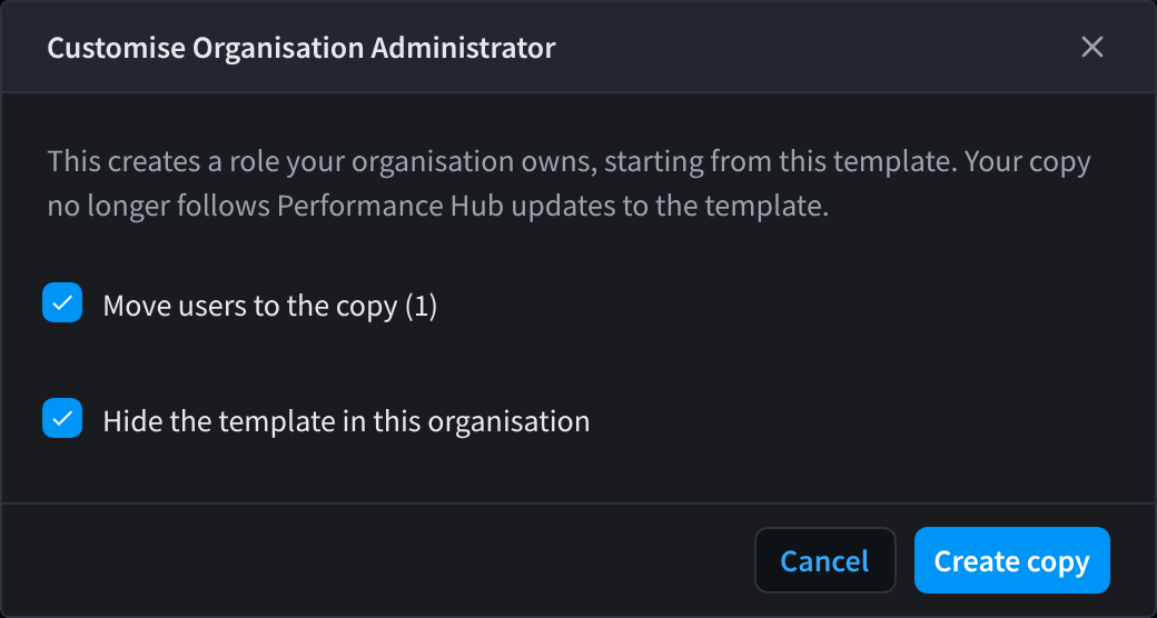 The Customise Organisation Administrator dialog, with Move users to the copy and Hide the template in this organisation ticked