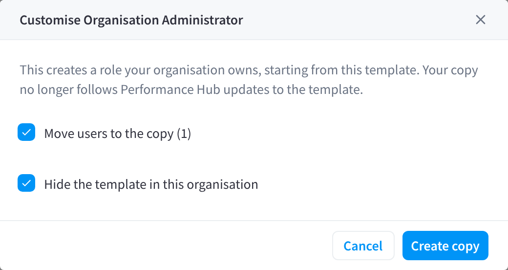 The Customise Organisation Administrator dialog, with Move users to the copy and Hide the template in this organisation ticked