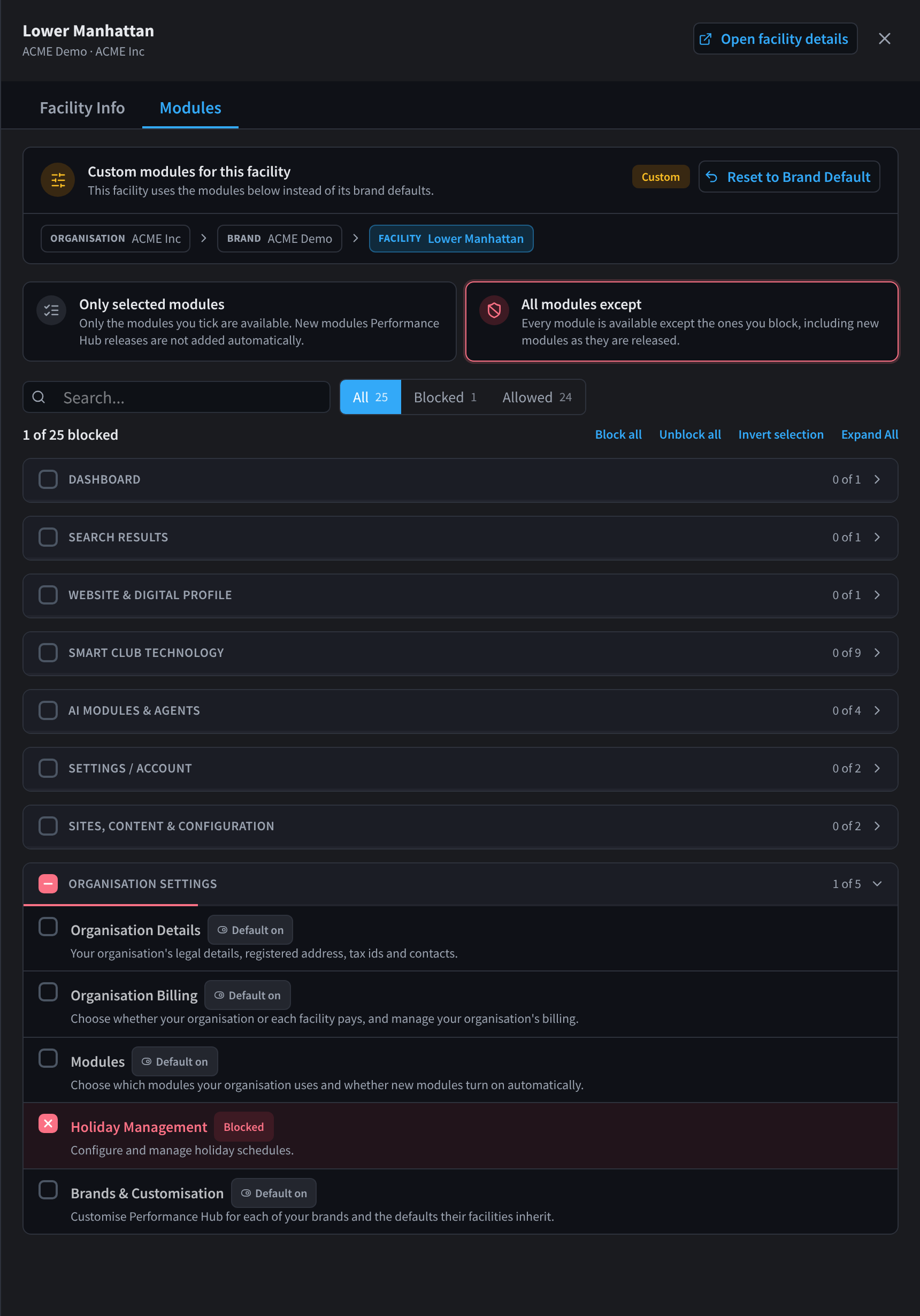 The Modules tab for Lower Manhattan, with Custom modules for this facility, Reset to Brand Default, the Organisation, Brand and Facility path, and All modules except selected with Holiday Management blocked
