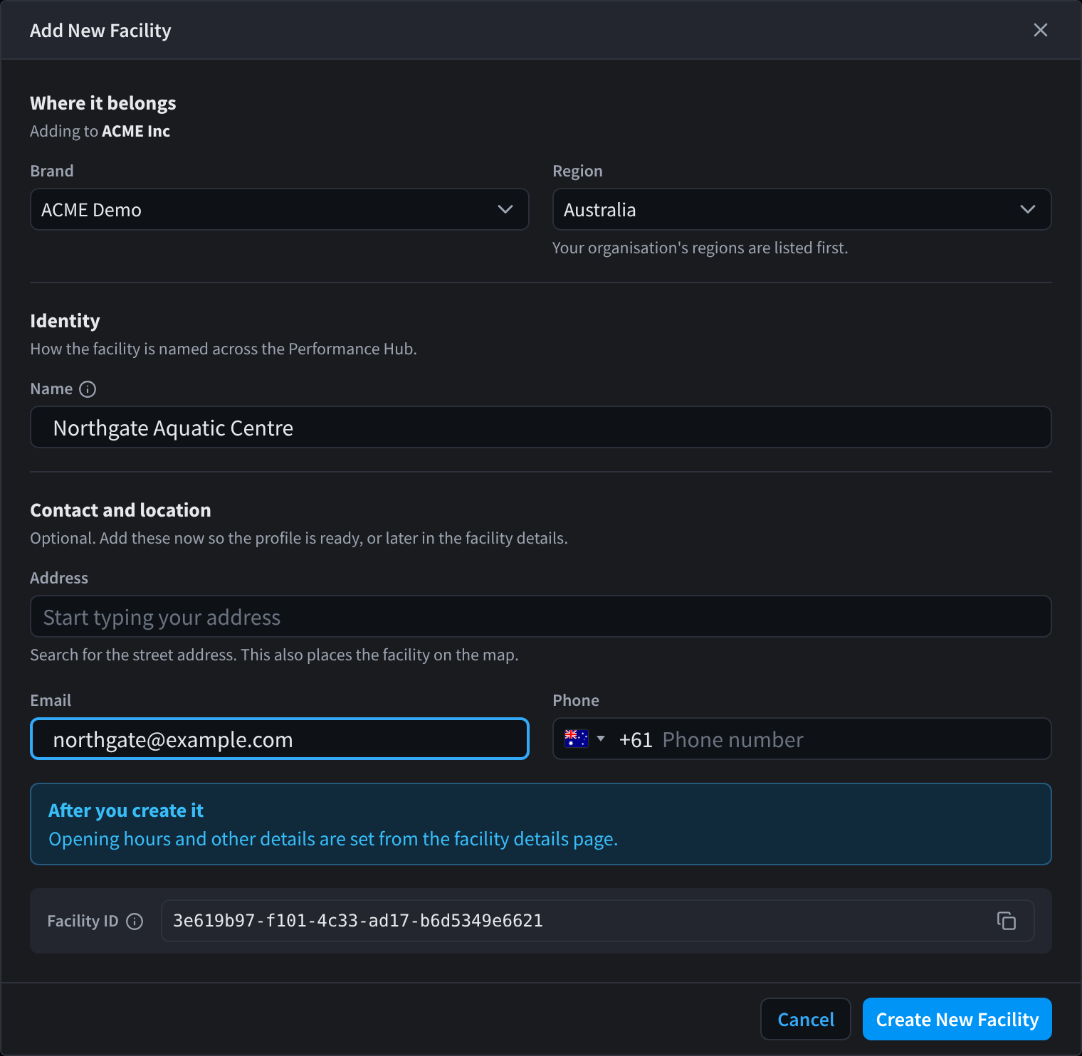The Add New Facility dialog, filled in with the brand ACME Demo, the region Australia, the name Northgate Aquatic Centre and a facility email address