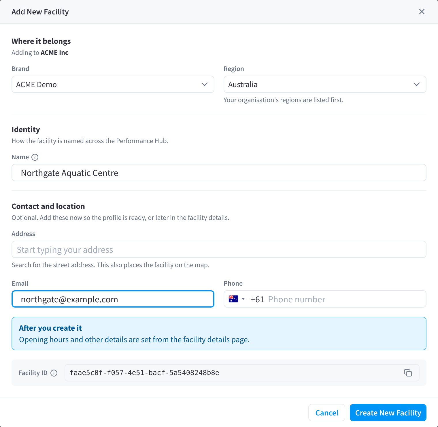 The Add New Facility dialog, filled in with the brand ACME Demo, the region Australia, the name Northgate Aquatic Centre and a facility email address