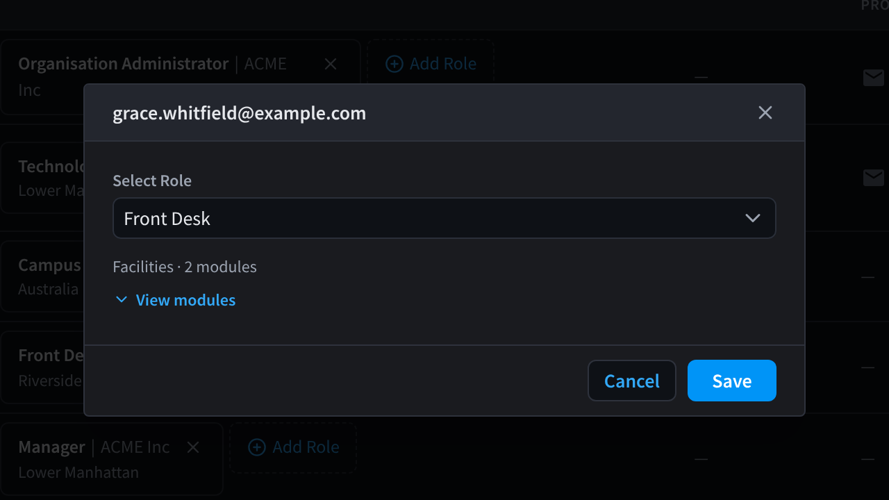 The role dialog for grace.whitfield@example.com, with Select Role set to Front Desk, Facilities · 2 modules, View modules, and Cancel and Save