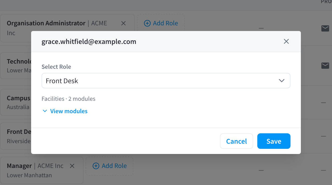 The role dialog for grace.whitfield@example.com, with Select Role set to Front Desk, Facilities · 2 modules, View modules, and Cancel and Save