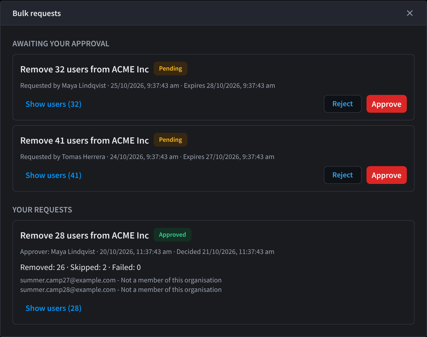 The Bulk requests dialog with two requests awaiting approval, from Maya Lindqvist and Tomas Herrera, each with Show users, Reject and Approve, and one approved request under Your requests