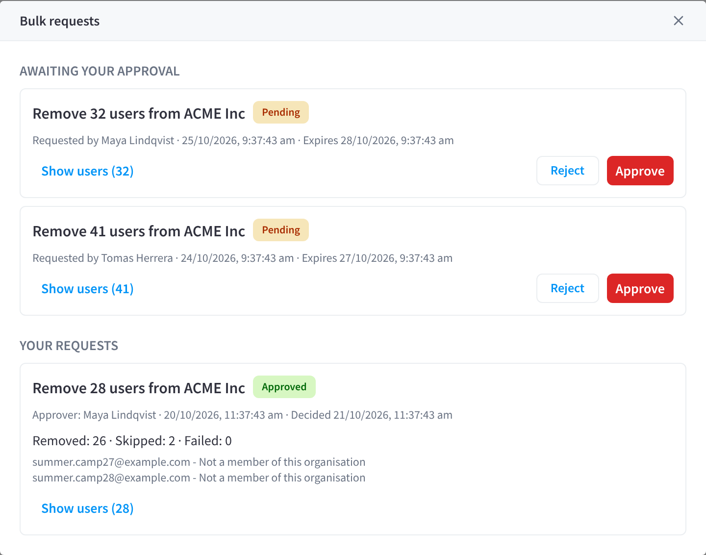 The Bulk requests dialog with two requests awaiting approval, from Maya Lindqvist and Tomas Herrera, each with Show users, Reject and Approve, and one approved request under Your requests