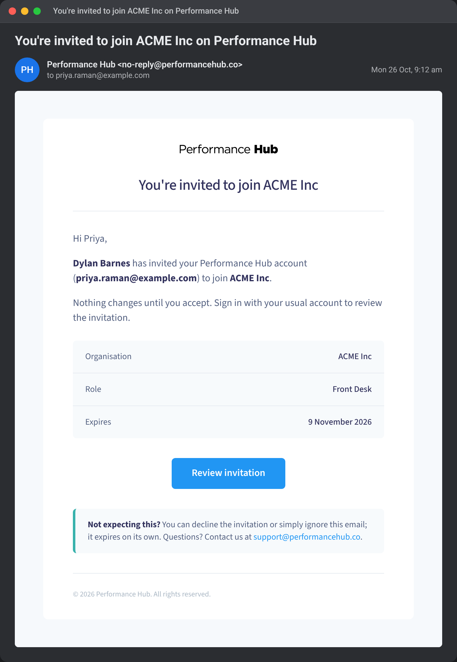 An example Performance Hub invitation email to priya.raman@example.com, inviting Priya to join ACME Inc as Front Desk, with a Review invitation button