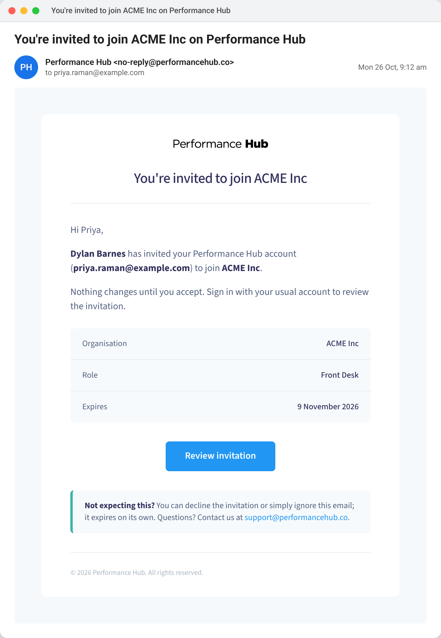 An example Performance Hub invitation email to priya.raman@example.com, inviting Priya to join ACME Inc as Front Desk, with a Review invitation button