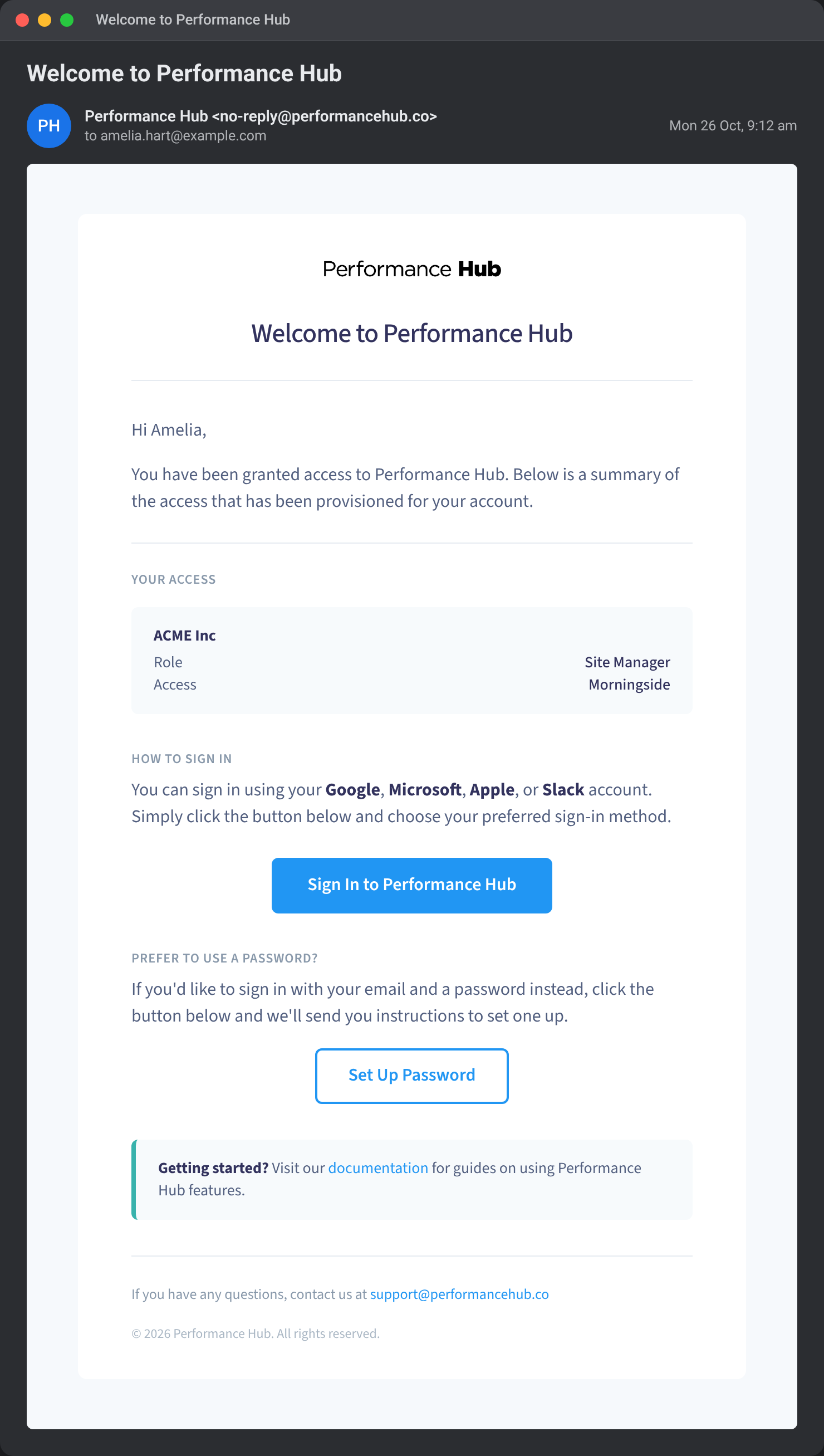 An example Performance Hub welcome email to amelia.hart@example.com, listing Site Manager at Morningside, with Sign In to Performance Hub and Set Up Password buttons