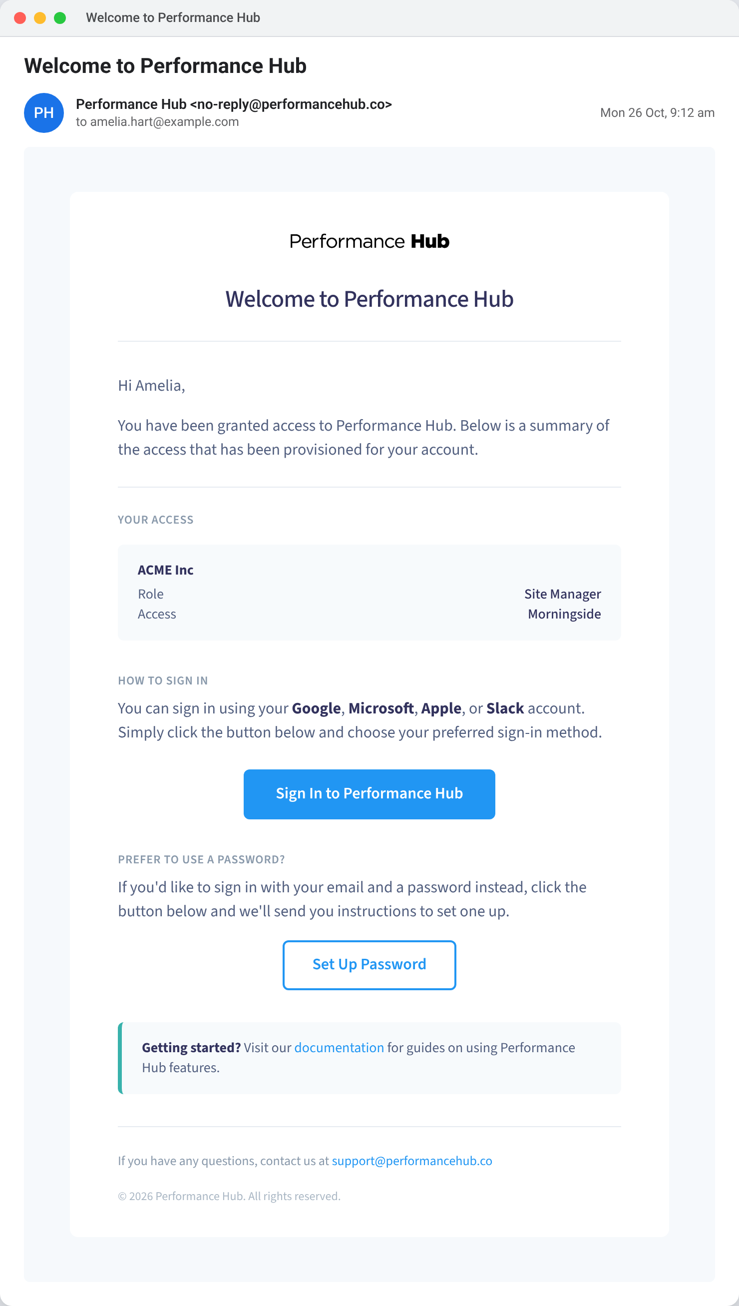 An example Performance Hub welcome email to amelia.hart@example.com, listing Site Manager at Morningside, with Sign In to Performance Hub and Set Up Password buttons