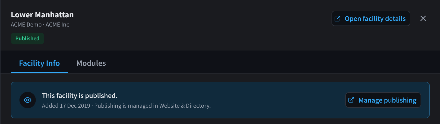 The Status card for a facility that uses Website & Directory: a Published label under the name, This facility is published., Publishing is managed in Website & Directory., and Manage publishing