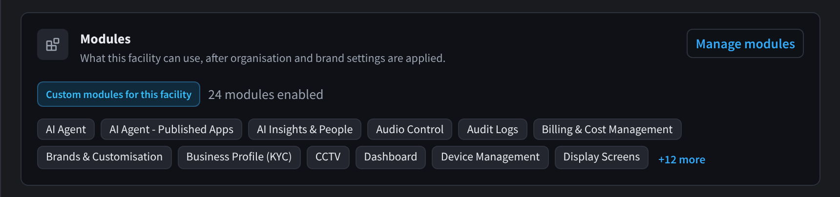 The Modules card: Custom modules for this facility, 24 modules enabled, twelve module names from AI Agent to Display Screens, including Audit Logs, Business Profile (KYC) and CCTV, and +12 more