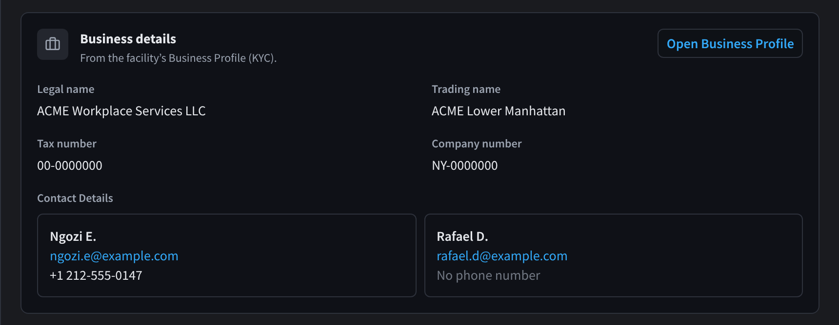 The Business details card: Legal name ACME Workplace Services LLC, Trading name ACME Lower Manhattan, Tax number, Company number, and Contact Details for Ngozi E. and Rafael D., with No phone number shown for Rafael D.