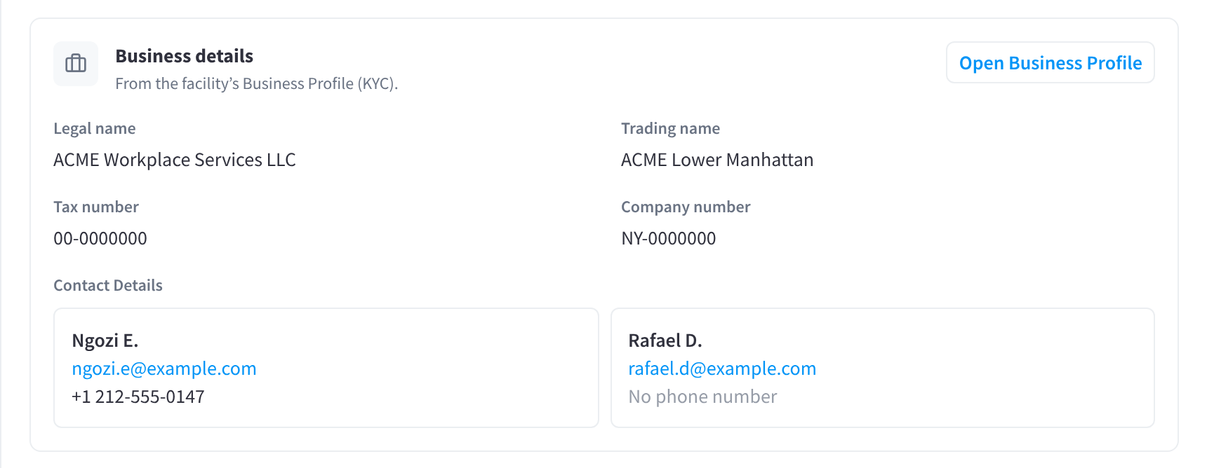 The Business details card: Legal name ACME Workplace Services LLC, Trading name ACME Lower Manhattan, Tax number, Company number, and Contact Details for Ngozi E. and Rafael D., with No phone number shown for Rafael D.