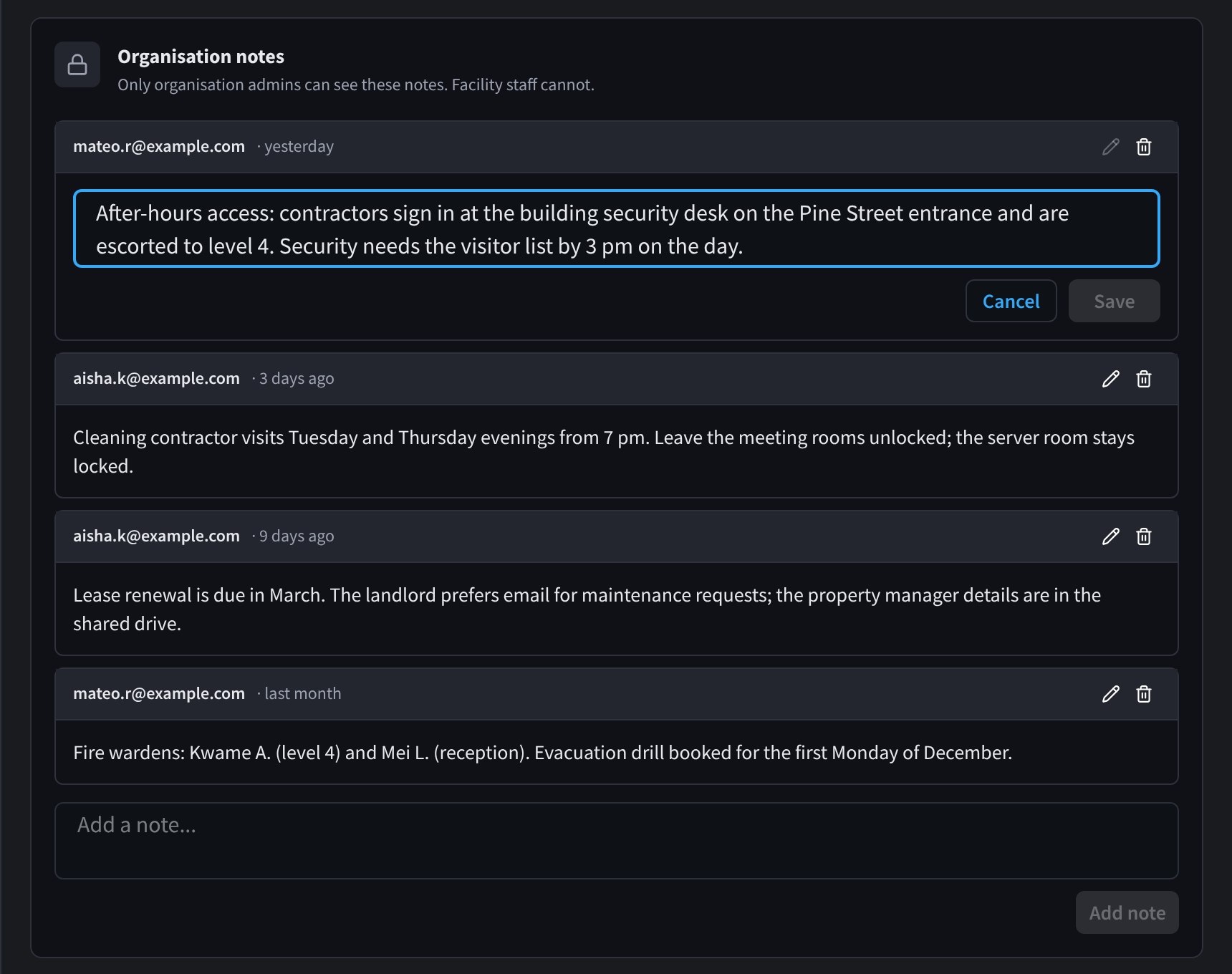 Editing the after-hours access note: its text in an edit box with Cancel and Save below