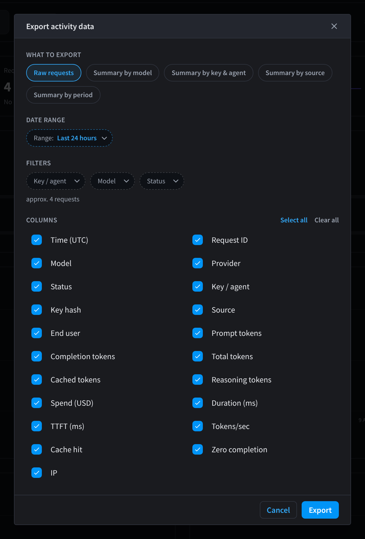 The Export activity data dialog