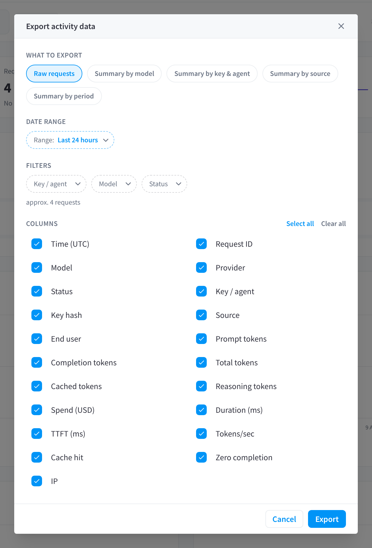 The Export activity data dialog
