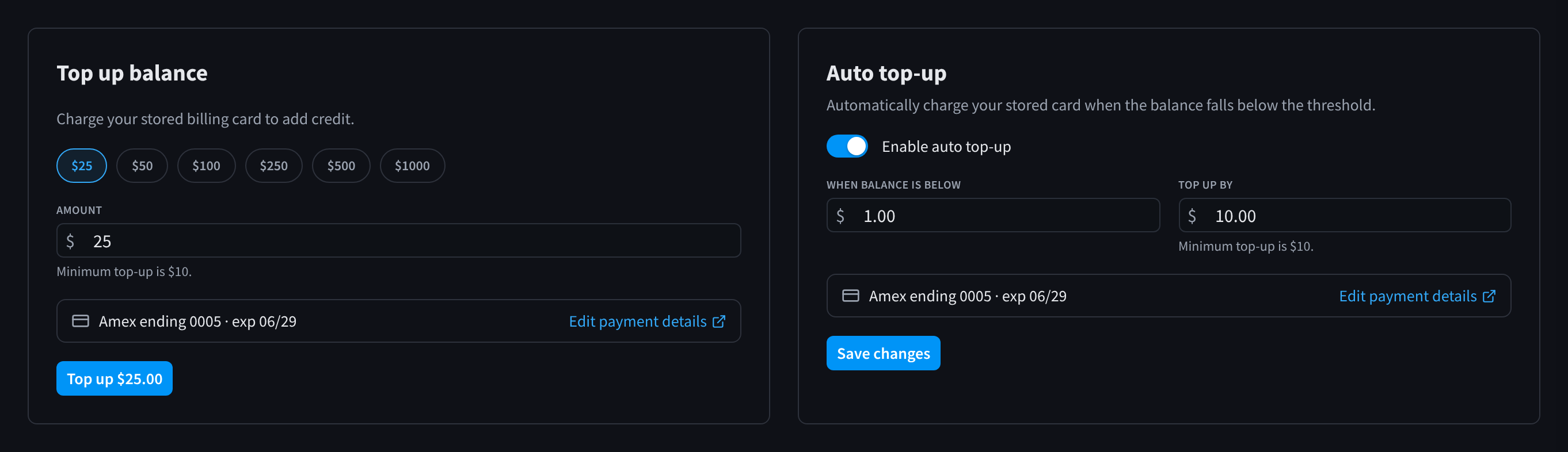 The Top up balance and Auto top-up cards