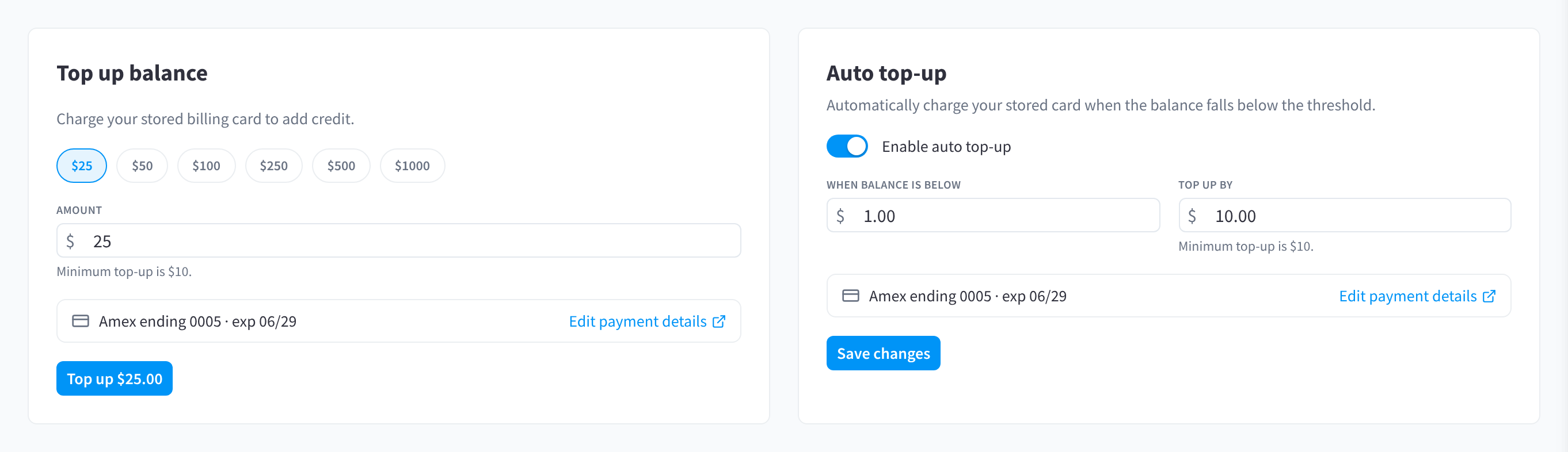 The Top up balance and Auto top-up cards