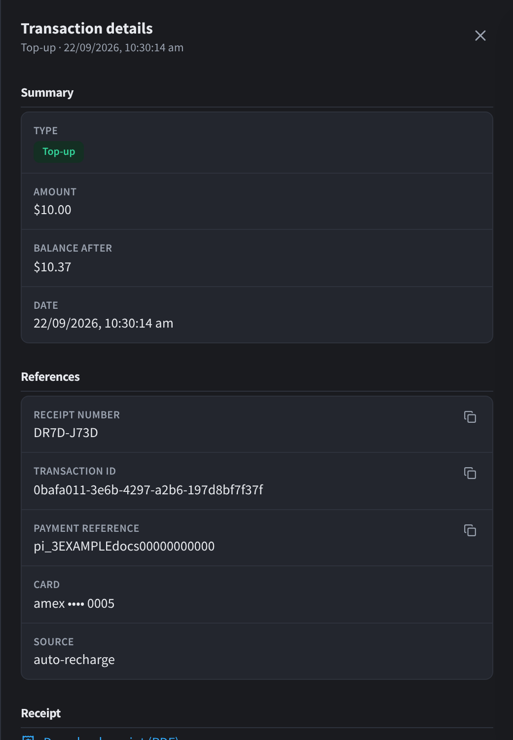 The Transaction details drawer