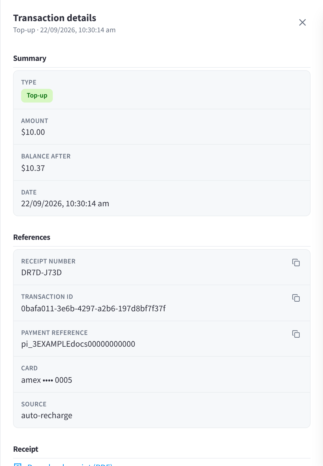 The Transaction details drawer