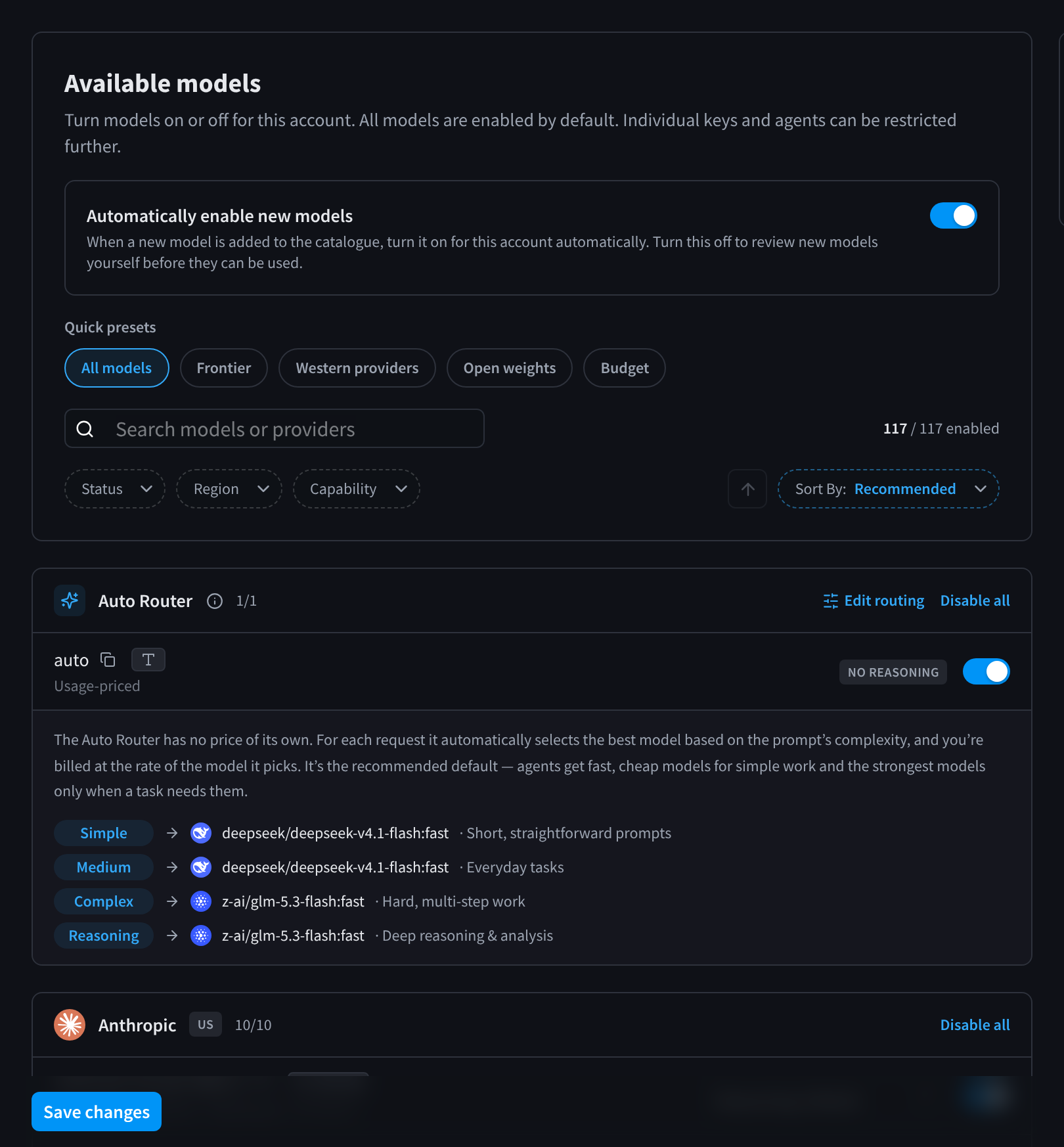 The Available models page with quick presets and the Auto Router