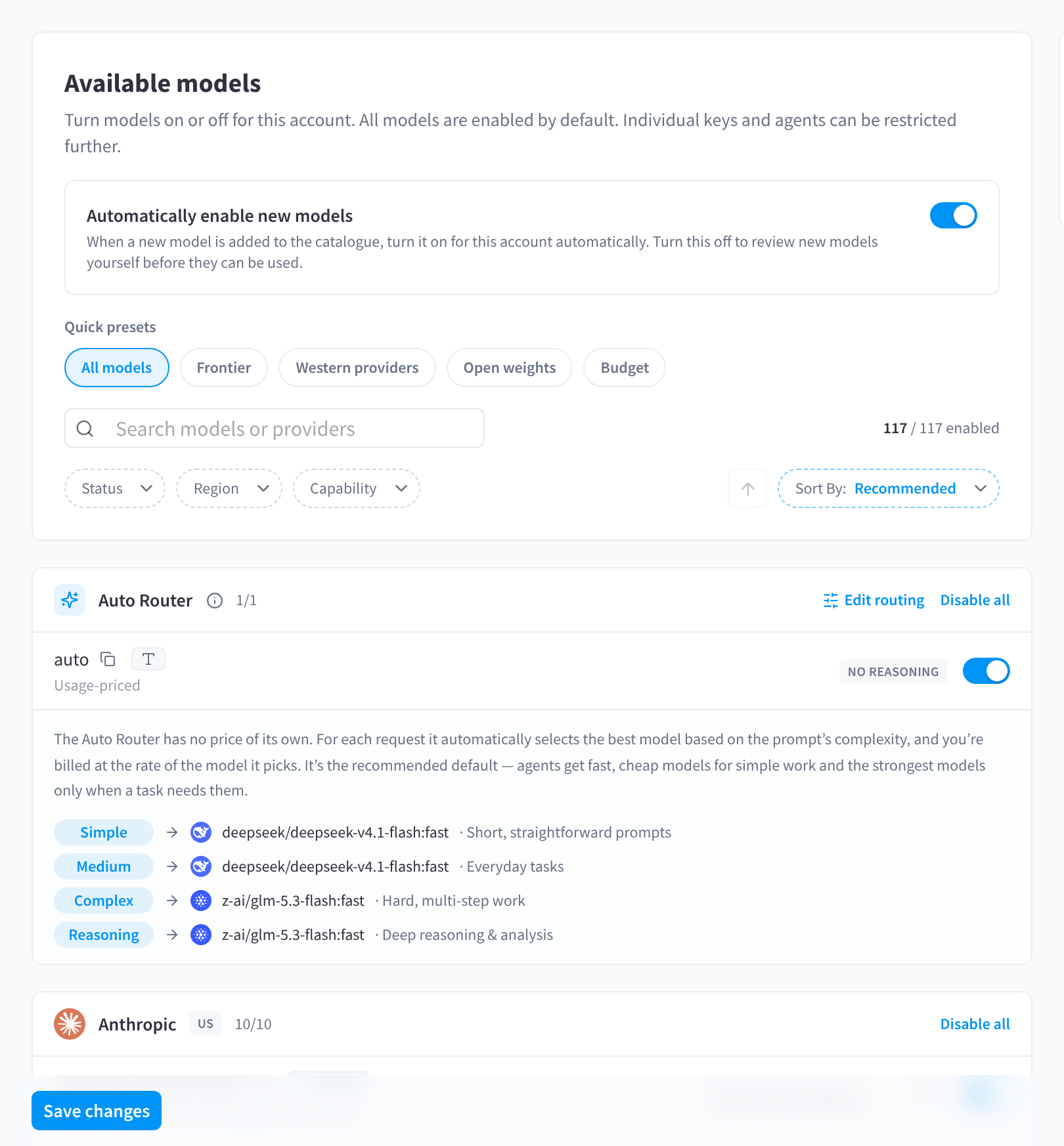 The Available models page with quick presets and the Auto Router