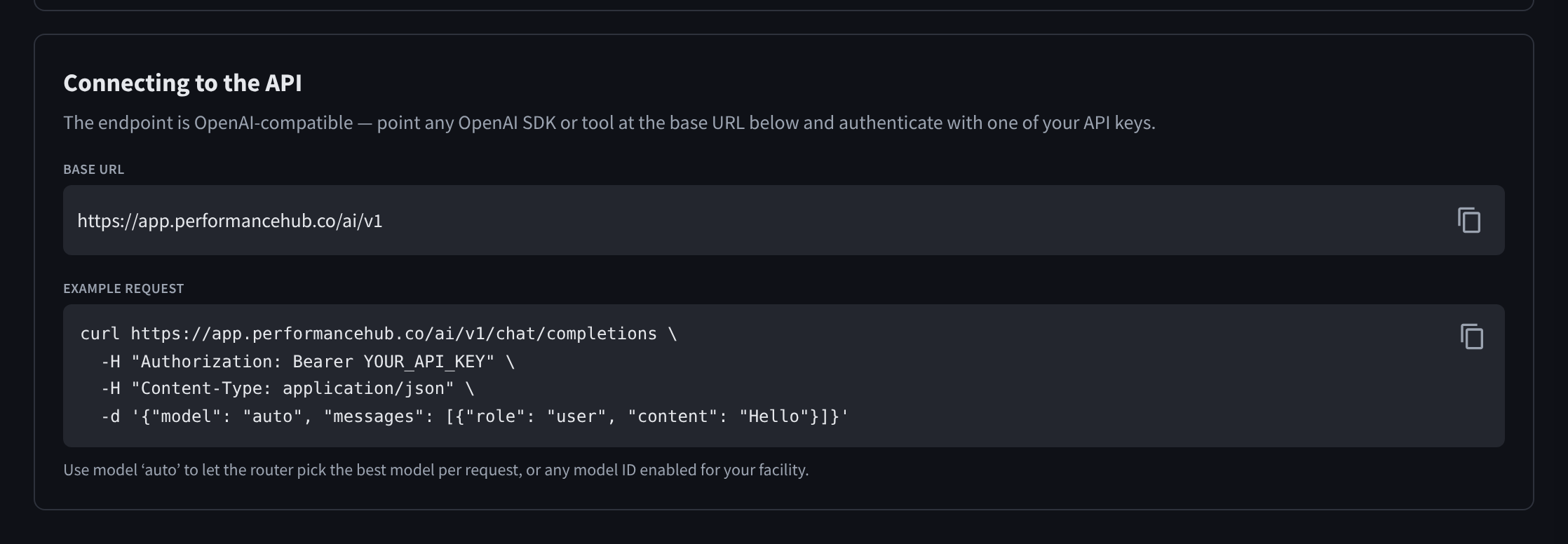 The Connecting to the API card