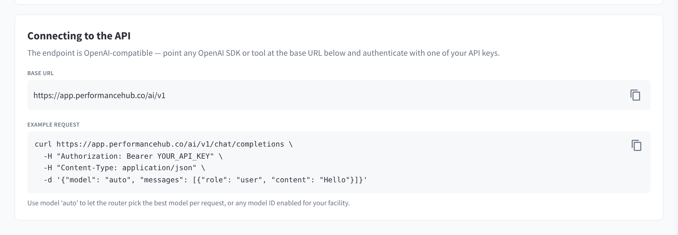 The Connecting to the API card