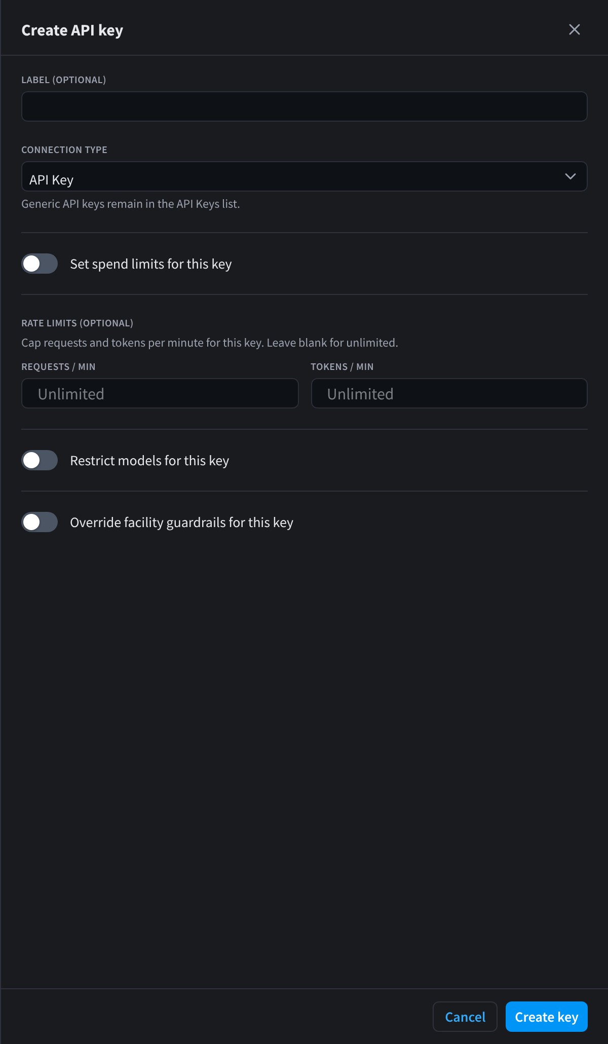 The Create API key drawer