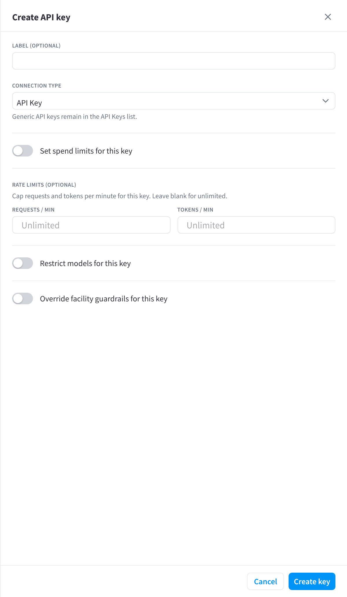 The Create API key drawer