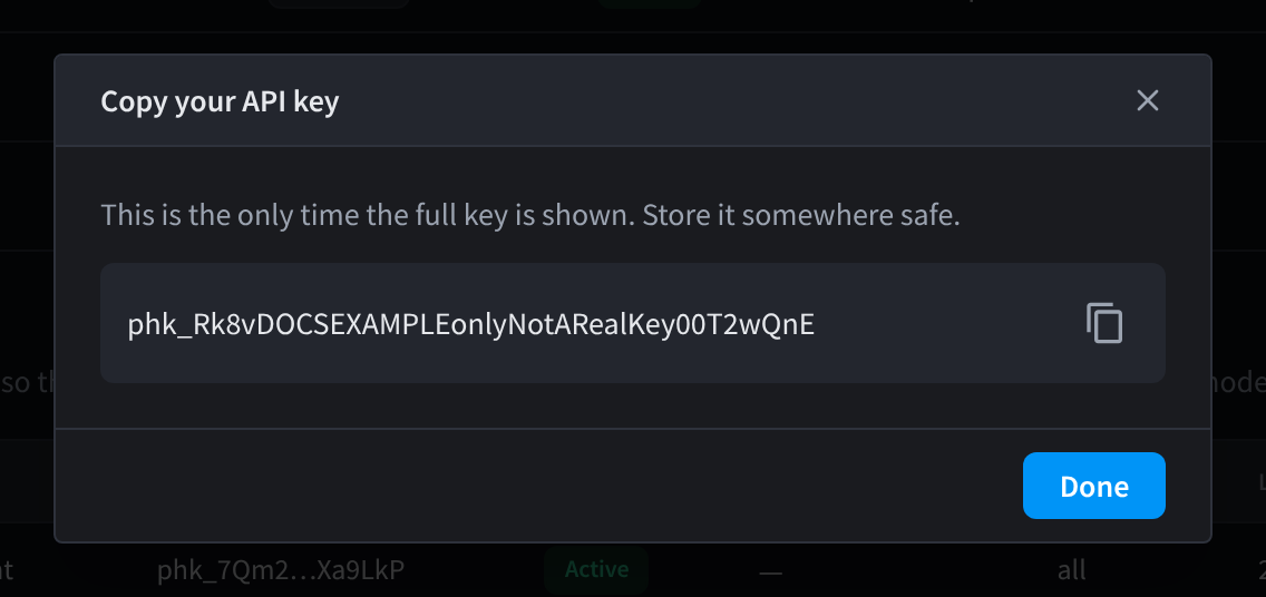 The Copy your API key dialog