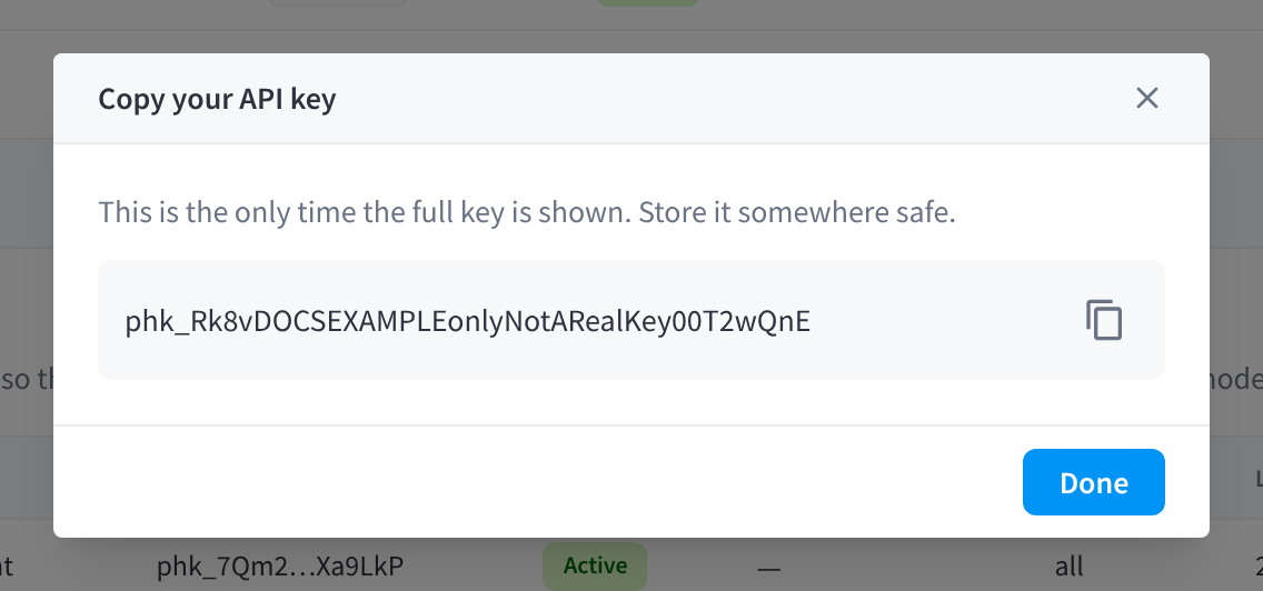 The Copy your API key dialog