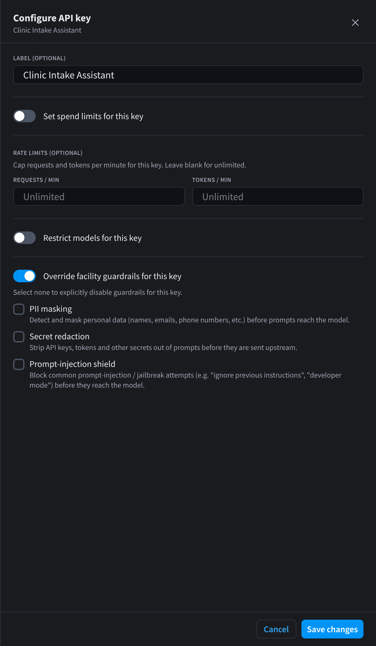 The Configure API key drawer