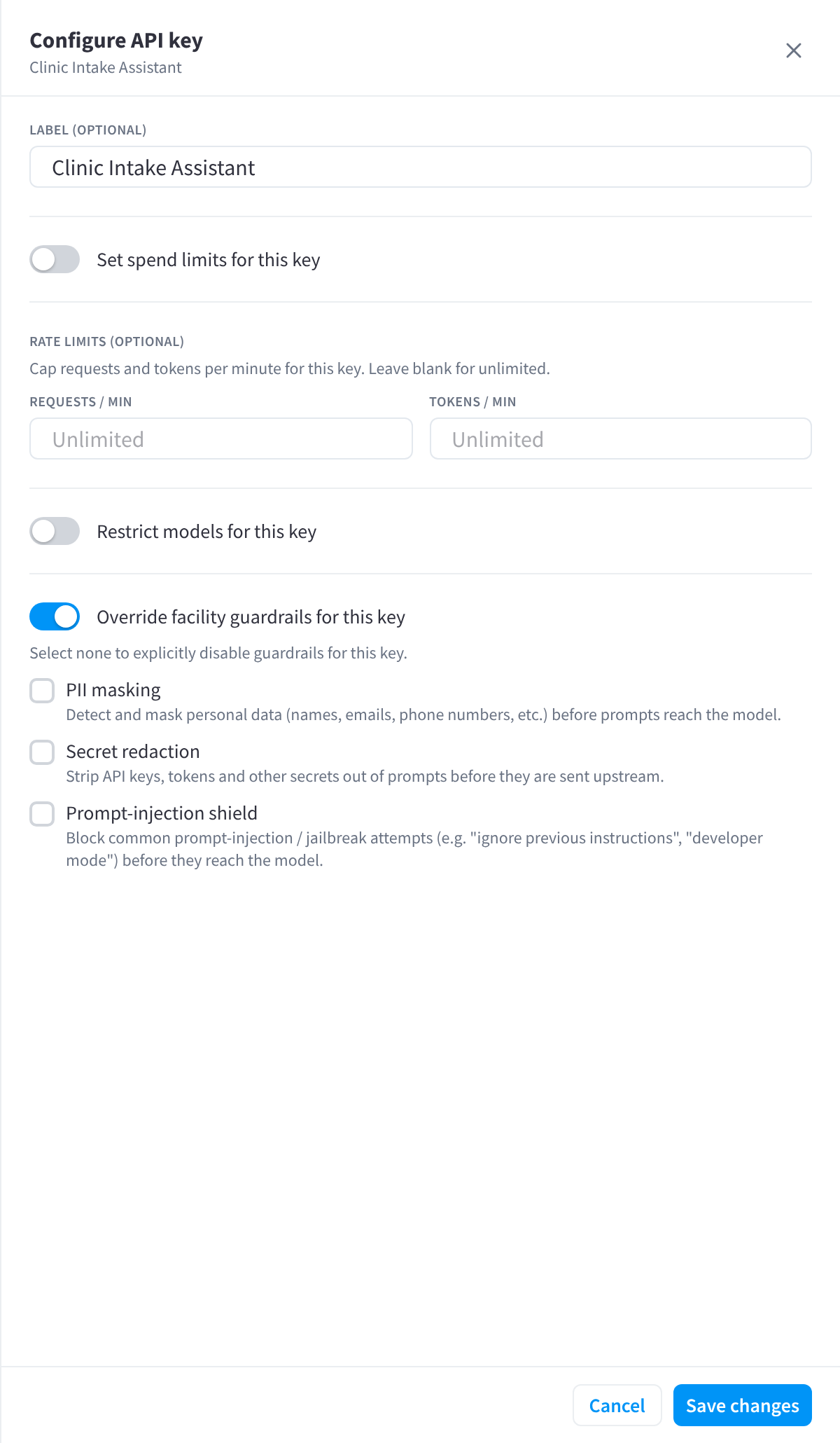 The Configure API key drawer