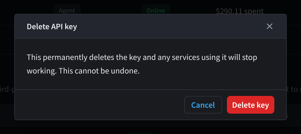 The Delete API key confirmation