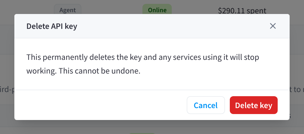 The Delete API key confirmation