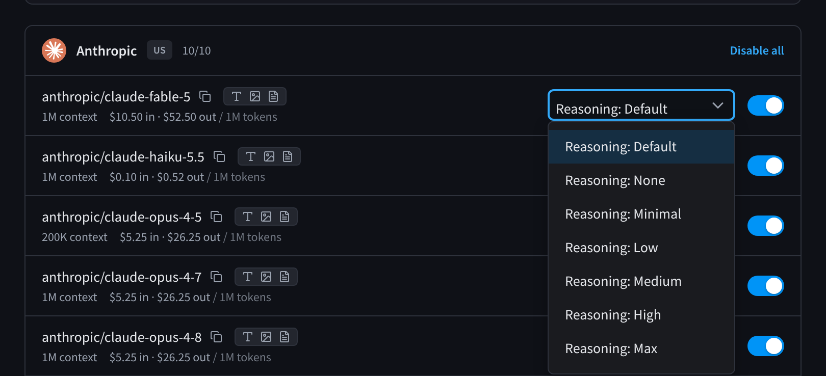 A model's reasoning setting