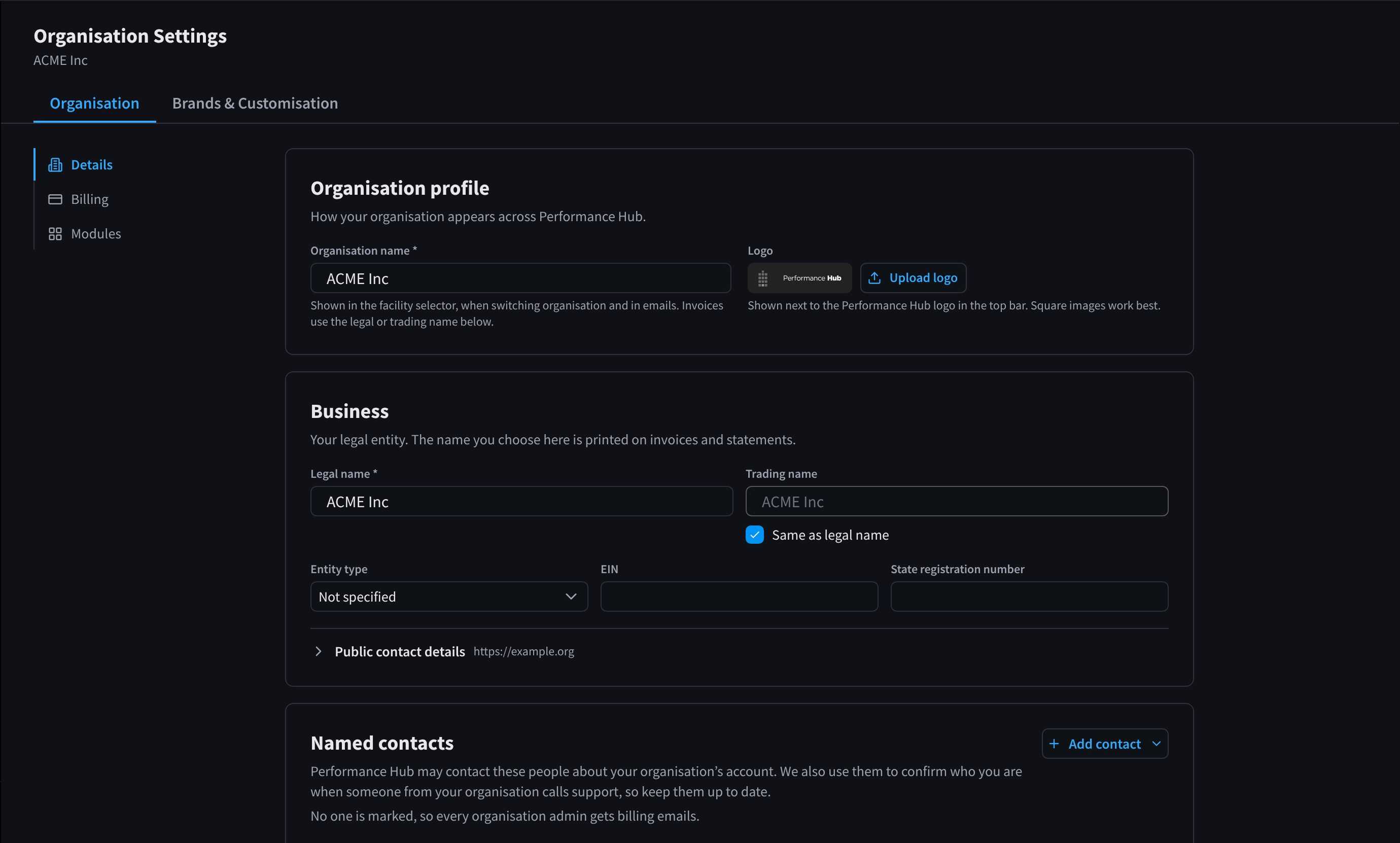 Organisation Settings with Organisation and Brands & Customisation tabs, and a side nav listing Details, Billing and Modules