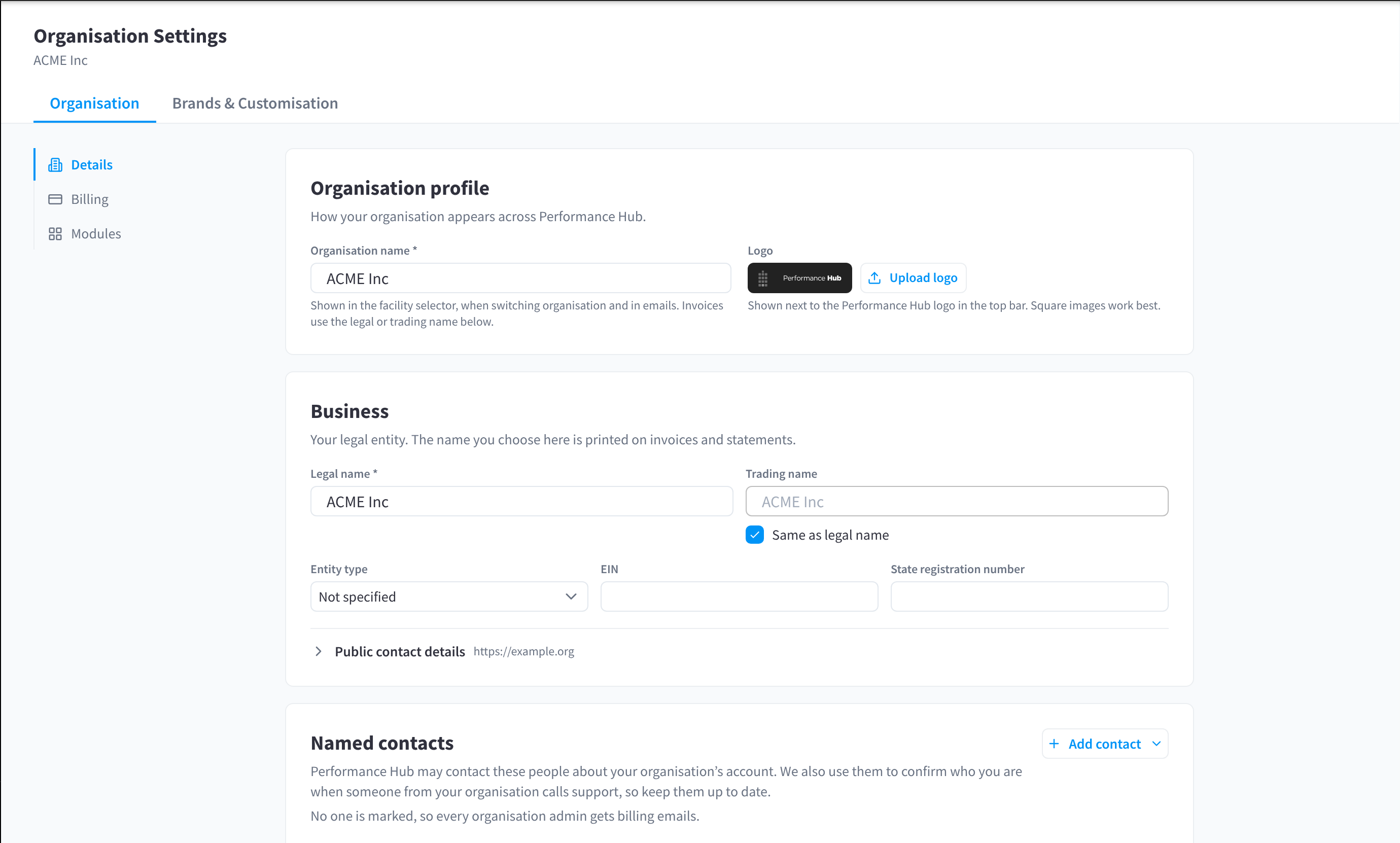 Organisation Settings with Organisation and Brands & Customisation tabs, and a side nav listing Details, Billing and Modules