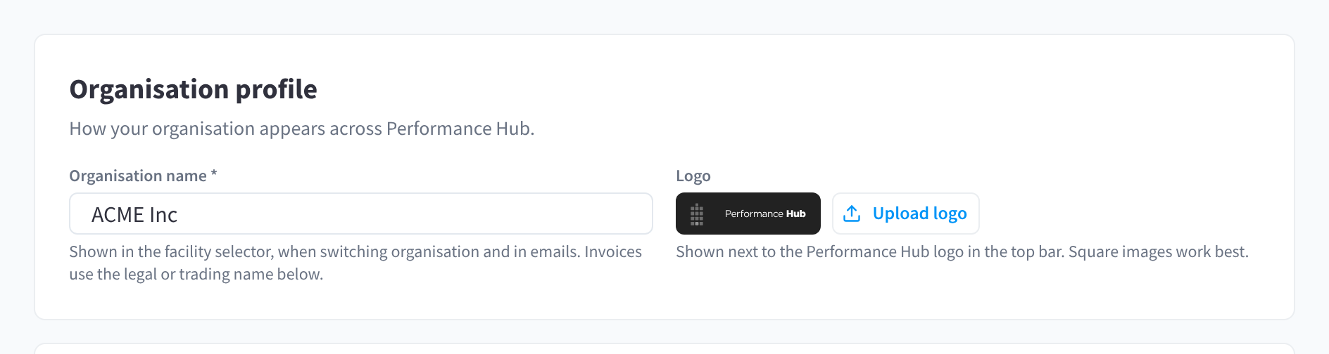 The Organisation profile card with Organisation name set to ACME Inc and an Upload logo button