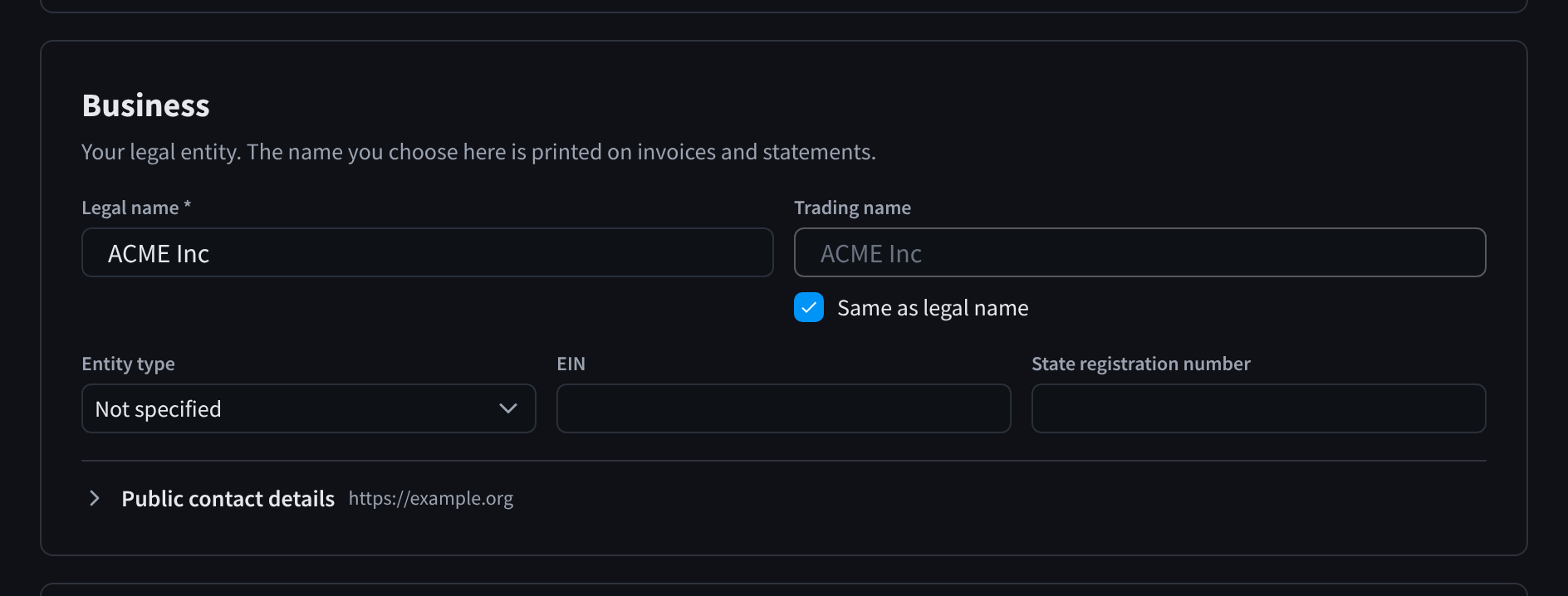 The Business card with Legal name, Trading name, Same as legal name, Entity type, EIN and State registration number