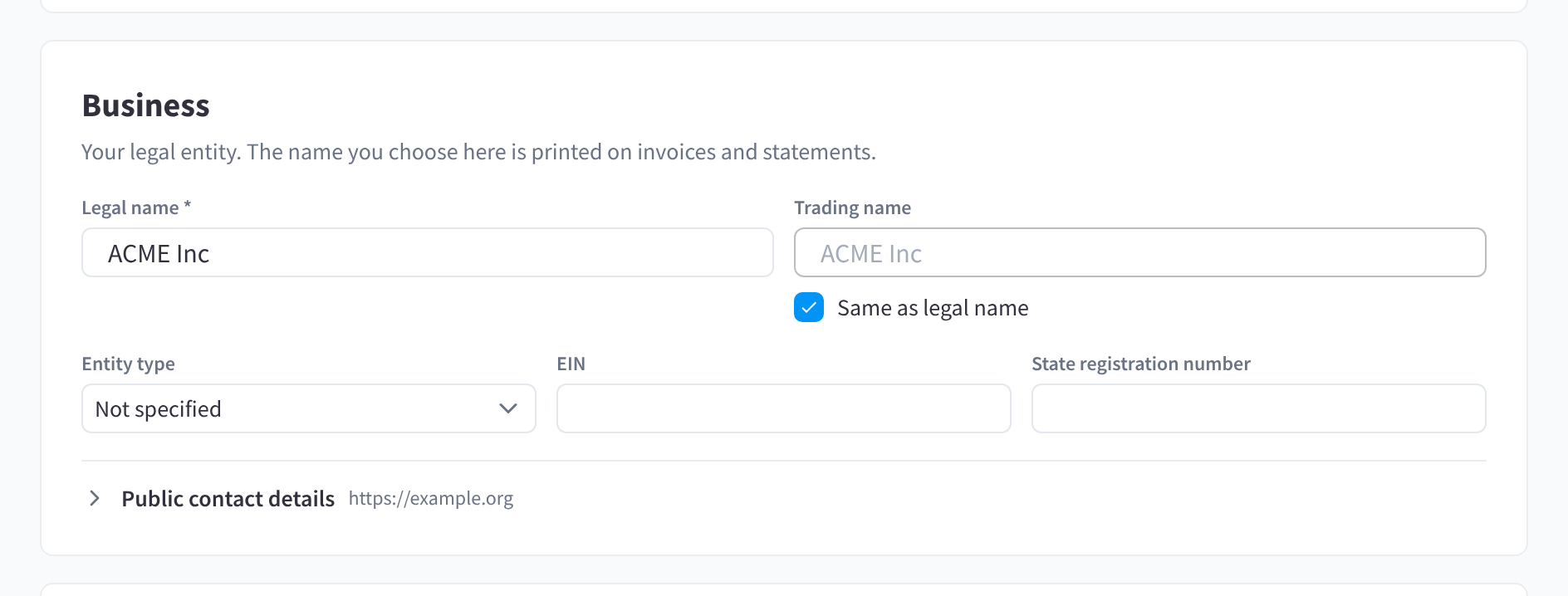 The Business card with Legal name, Trading name, Same as legal name, Entity type, EIN and State registration number