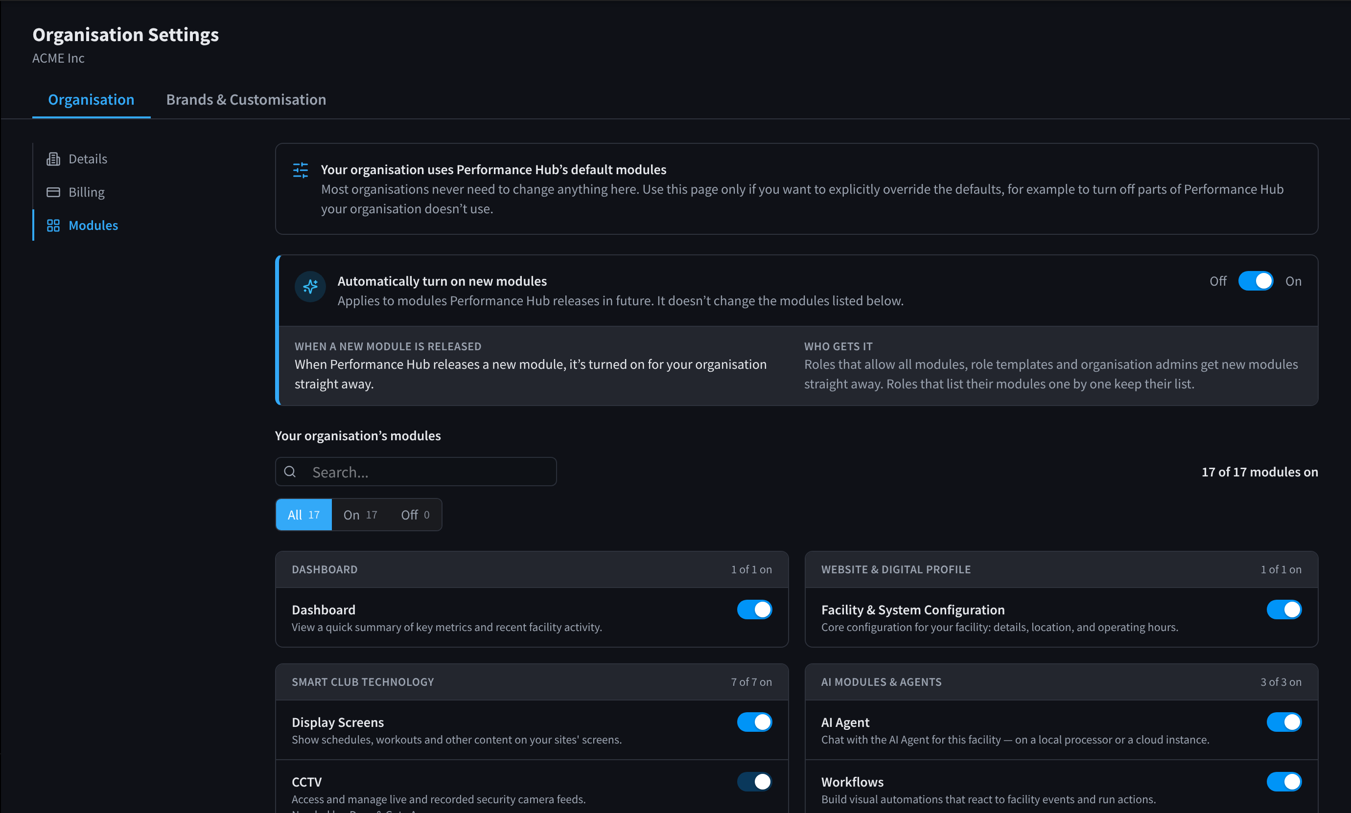 The Modules page with the default modules banner, the Automatically turn on new modules setting and a list of module switches grouped by category